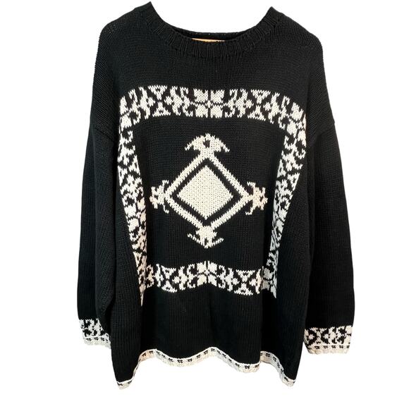 SK Wear Vintage Black White‎ Ramie Cotton Crewneck Geometric Boxy Sweater 2X - Picture 1 of 6